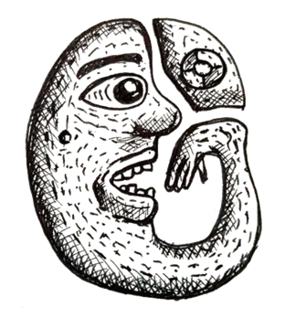 a pitted moon face with one eye, an open mouth and a hand